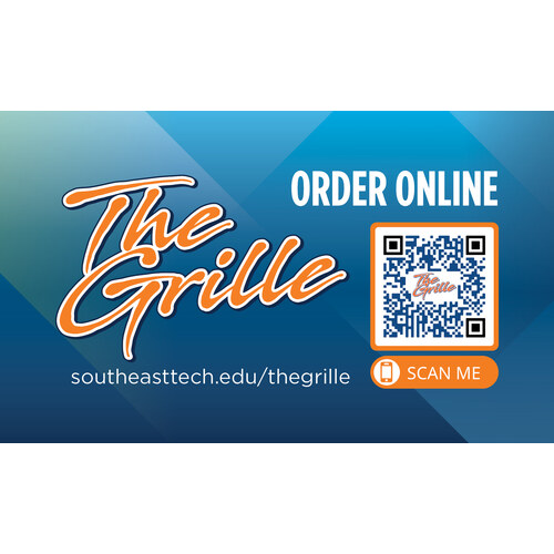 The Grille script logo with an online-ordering QR code promo