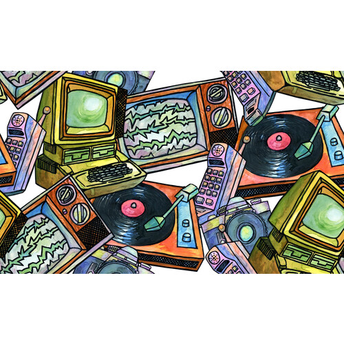 Living in the Plastic Age surface pattern: retro TVs and vinyl records